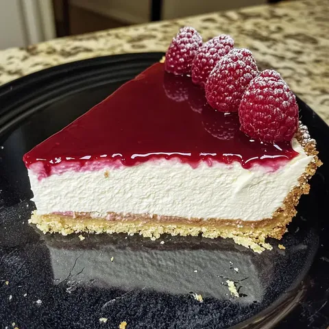 Ein Stück Himbeerkuchen mit glänzendem Himbeertopping und frischen Himbeeren auf einem schwarzen Teller.