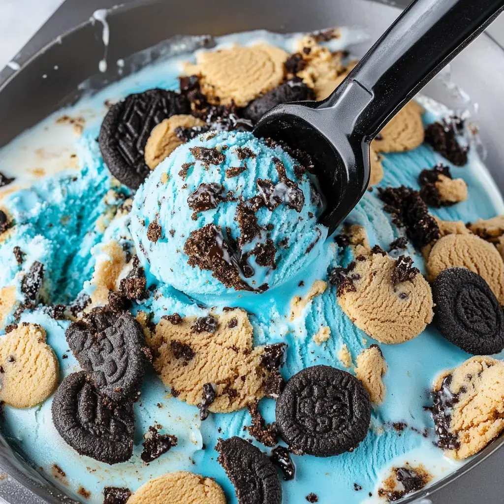 Nahaufnahme einer Kugel blauer Eiscreme, gekrönt mit Keks- und Schokostückchen in einem Metallbehälter.