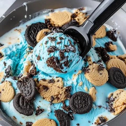 Nahaufnahme einer Kugel blauer Eiscreme, gekrönt mit Keks- und Schokostückchen in einem Metallbehälter.