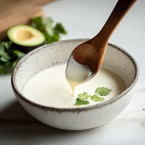 Ein Holzlöffel tropft Cremesoße über eine Schale, garniert mit frischem Koriander, im Hintergrund Avocado und Kräuter.