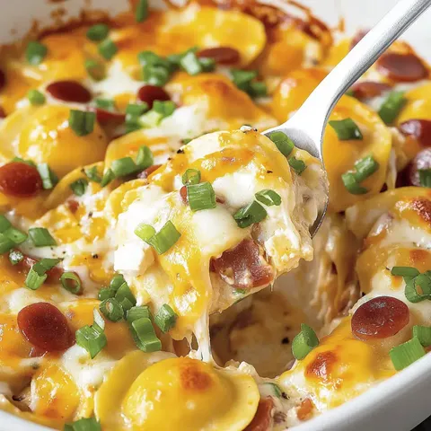 Ein Löffel voller cremiger, gebackener Pasta mit Frühlingszwiebeln und Pepperoni.