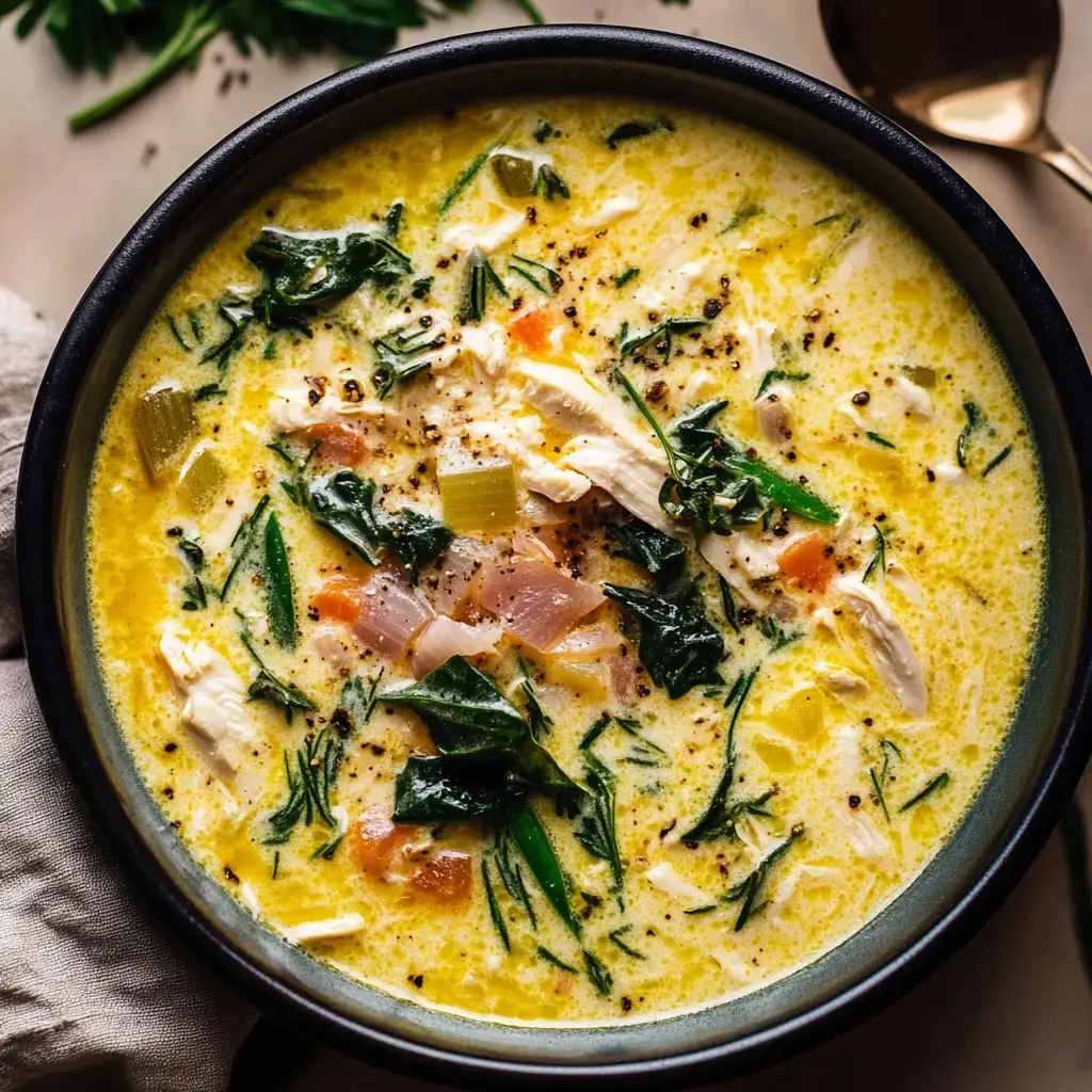 Nahaufnahme einer cremigen Suppe mit Hähnchen, Spinat und Gemüse in einer dunklen Schüssel.