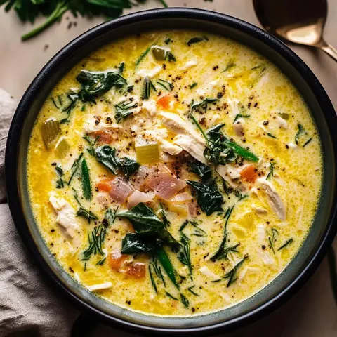 Nahaufnahme einer cremigen Suppe mit Hähnchen, Spinat und Gemüse in einer dunklen Schüssel.
