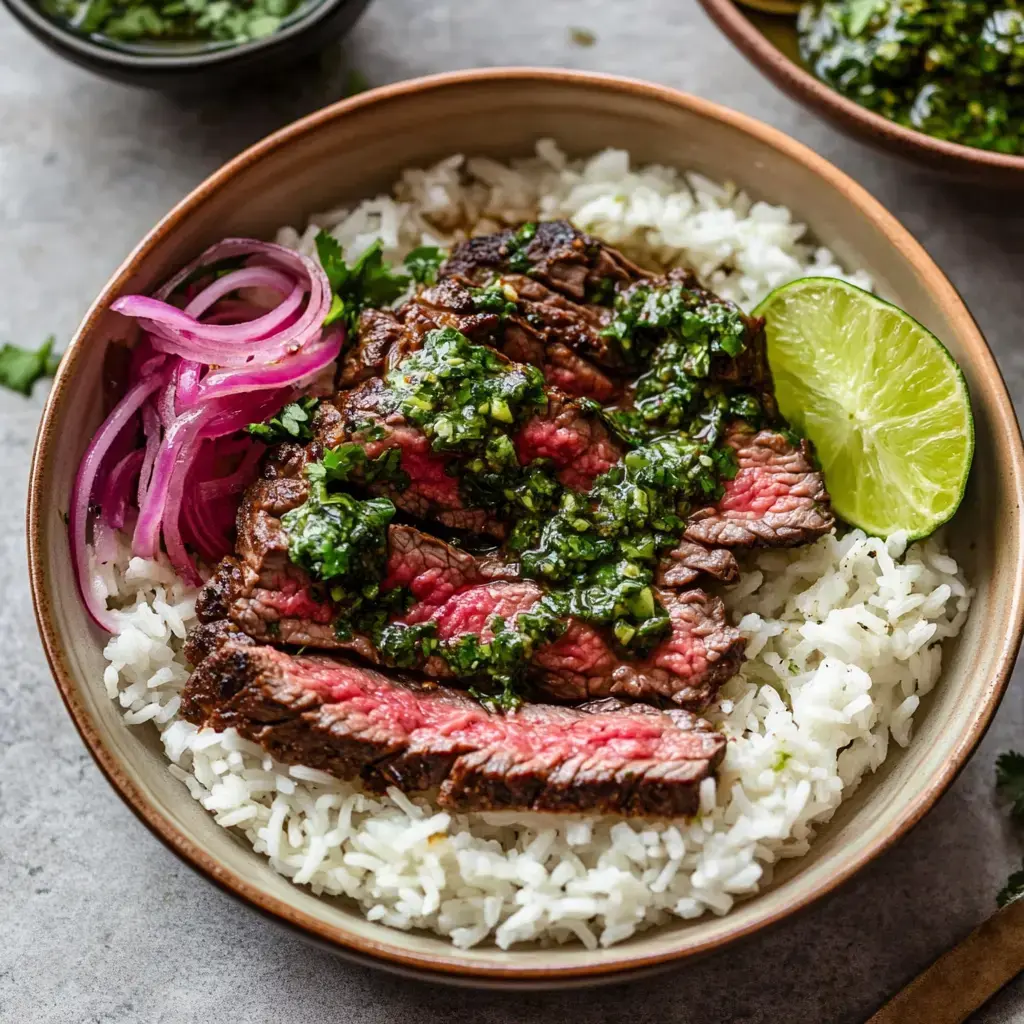 Eine Schale Reis mit Steakstreifen, Chimichurri, eingelegten roten Zwiebeln und einer Limettenspalte.