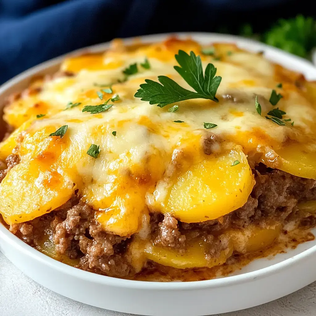 Eine Nahaufnahme eines cremigen Kartoffel- und Hackfleischauflaufs, garniert mit geschmolzenem Käse und frischer Petersilie.