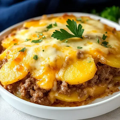 Eine Nahaufnahme eines cremigen Kartoffel- und Hackfleischauflaufs, garniert mit geschmolzenem Käse und frischer Petersilie.