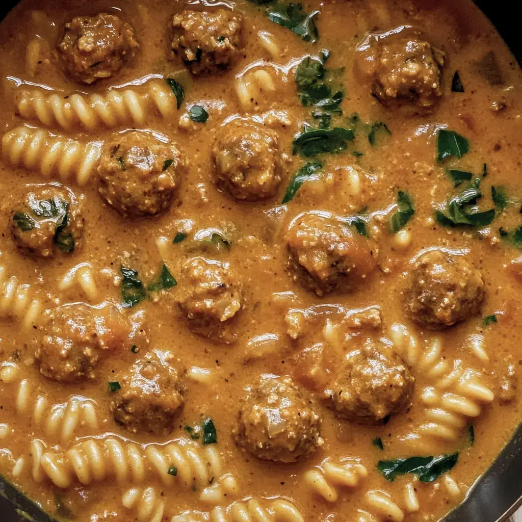 Ein Teller Pasta mit Fleischbällchen in cremiger Soße, garniert mit Kräutern.