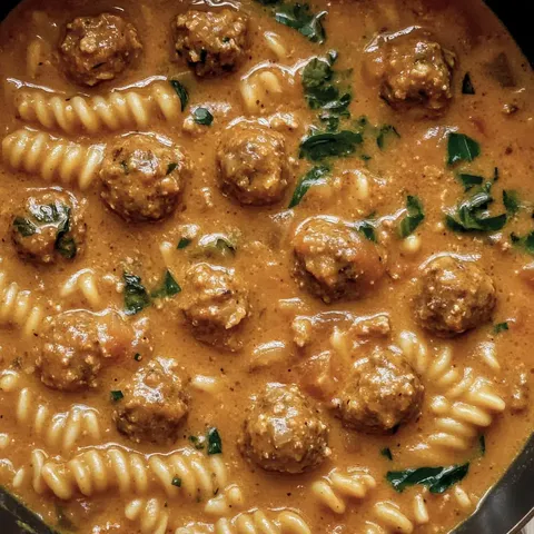 Ein Teller Pasta mit Fleischbällchen in cremiger Soße, garniert mit Kräutern.