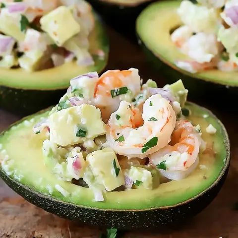Avocadohälften sind gefüllt mit einer Mischung aus Garnelen, klein geschnittenem Gemüse und Kräutern, was ein farbenfrohes und frisches Gericht ergibt.
