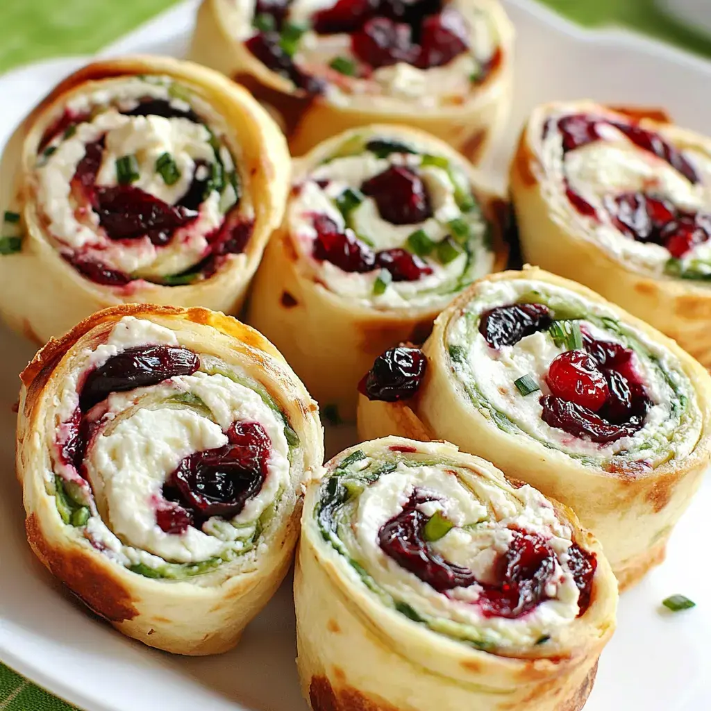 Ein Teller mit eingerollten Tortillas, gefüllt mit Frischkäse, Kräutern und getrockneten Cranberries, die bunte Spiralen zeigen.