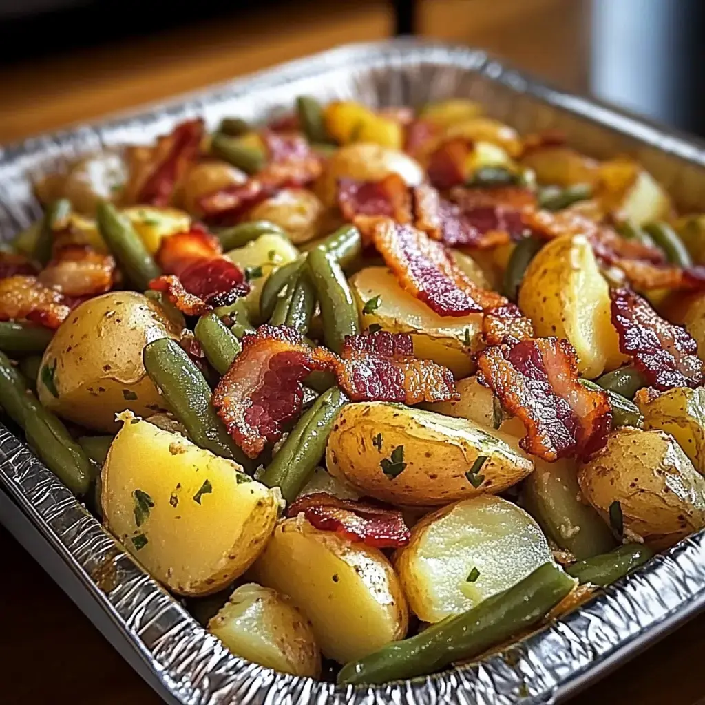 Eine Platte mit gerösteten Kartoffeln und grünen Bohnen, garniert mit knusprigem Speck.