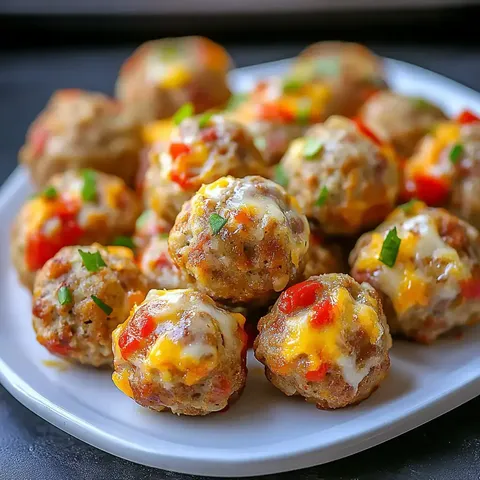 Ein Teller mit Käsebällchen, übergossen mit geschmolzenem Käse und Stücken roter Paprika, garniert mit Kräutern.