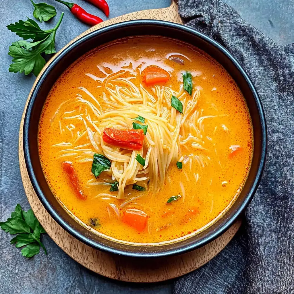 Eine Schüssel cremige orangefarbene Suppe mit dünnen Nudeln, roten Paprikastücken und grünen Kräutern auf einer Holzoberfläche.