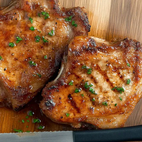Zwei gegrillte Koteletts liegen auf einem Holzbrett, garniert mit gehackter Petersilie.