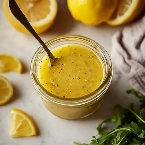 Ein Glas Zitronen-Dressing, umgeben von Zitronenscheiben und frischer Rucola auf einer Marmorfläche.