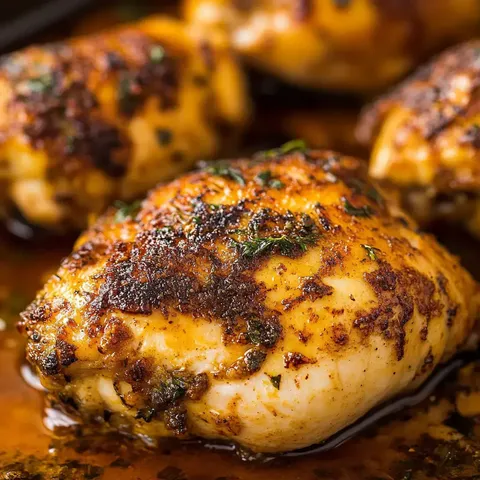 Nahaufnahme von perfekt gewürzten Hähnchenschenkeln in einer aromatischen Sauce.
