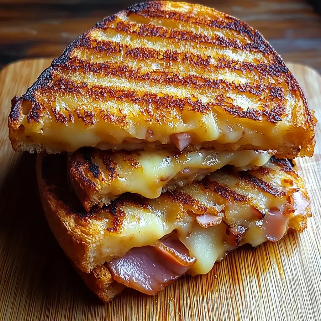 Nahaufnahme eines gestapelten Sandwiches mit geschmolzenem Käse und Schinken auf einem Holzbrett.
