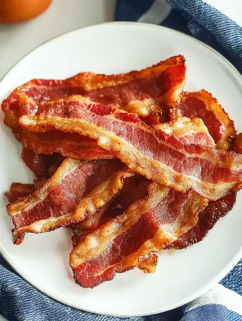 Ein Teller mit goldbraunem, knusprigem Speck.