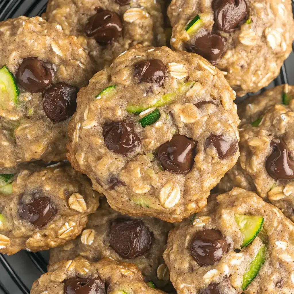 Nahaufnahme von frisch gebackenen Keksen mit Schokostückchen und grüner Zucchini im Teig.