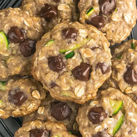 Nahaufnahme von frisch gebackenen Keksen mit Schokostückchen und grüner Zucchini im Teig.