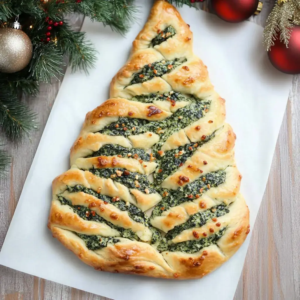Ein dekorativer Brot-Snack in Form eines Weihnachtsbaums, gefüllt mit einer grünen Spinach-Mischung, goldbraun gebacken und mit Gewürzen verziert, platziert auf einer weißen Oberfläche neben Weihnachtsdekoration.