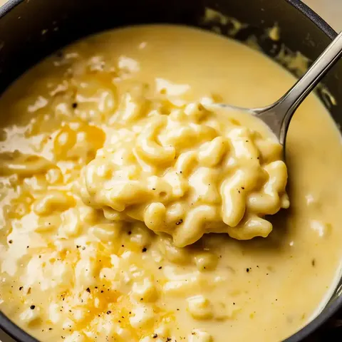 Ein Löffel voll cremiger Macaroni und Käse wird aus einer dunklen Schüssel gehoben.