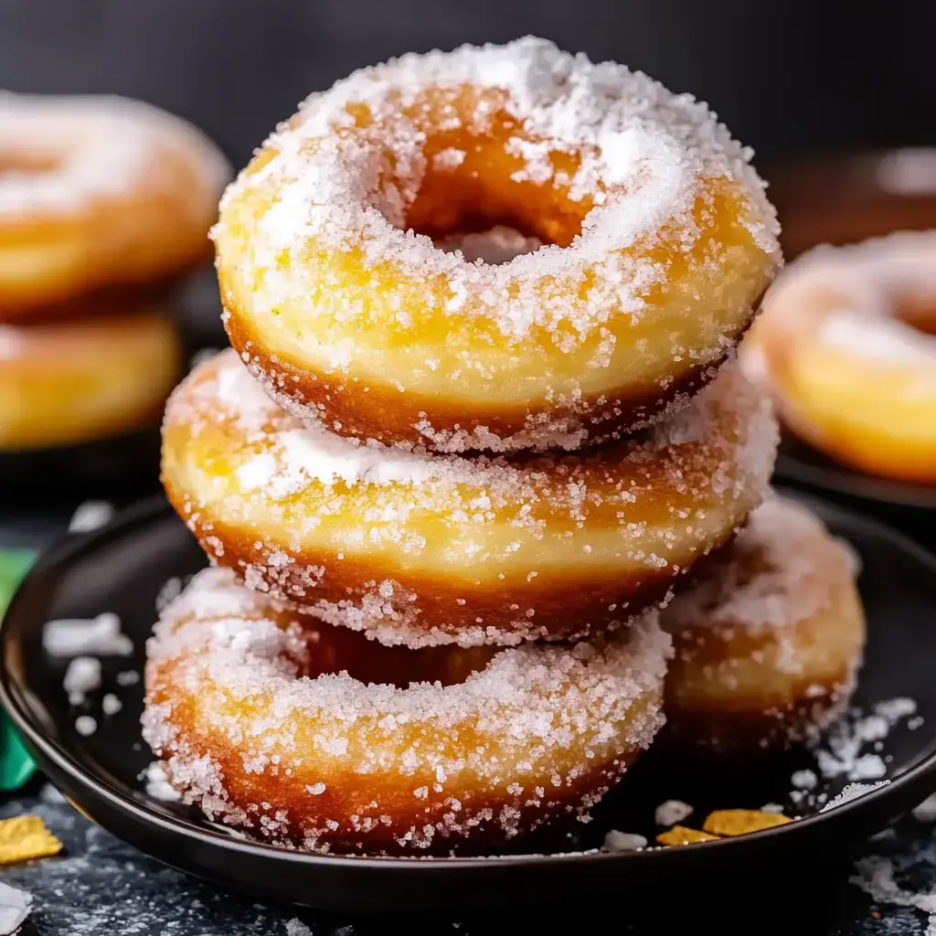 Ein Stapel von vier zuckrig bedeckten Donuts auf einem schwarzen Teller, mit einigen Donuts undeutlich im Hintergrund.
