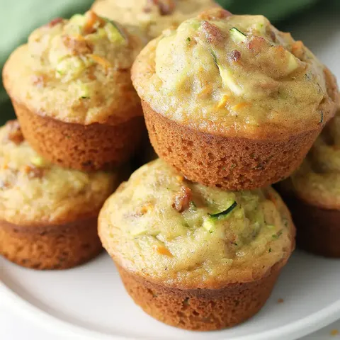 Ein Turm frischgebackener Muffins mit goldbrauner Kruste und sichtbaren Gemüsestückchen auf einem weißen Teller.