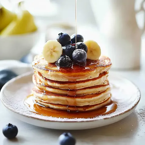 Ein Stapel goldbrauner Pancakes, belegt mit Bananenscheiben und Blaubeeren, mit Ahornsirup beträufelt, auf einem weißen Teller.