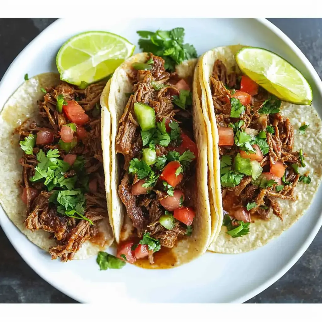 Drei Tacos gefüllt mit gezupftem Fleisch, gewürfelten Tomaten und gehacktem Koriander, serviert mit Limettenscheiben auf einem weißen Teller.