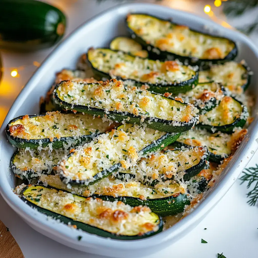 Eine weiße Schale mit gebackenen Zucchinihälften, garniert mit goldbraunen Semmelbröseln und Kräutern.