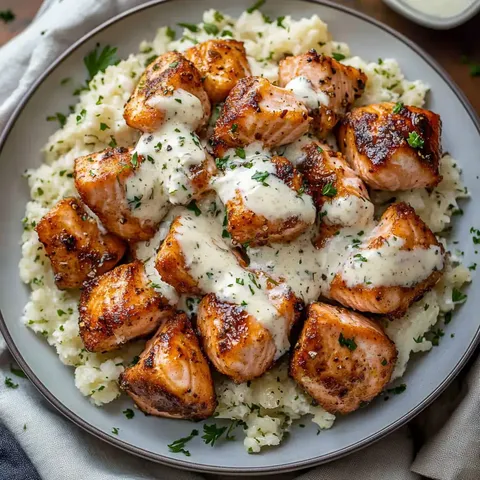 Ein Teller mit gegrillten Lachsstücken, übergossen mit cremiger Sauce, serviert auf fluffigem Reis und garniert mit Petersilie.