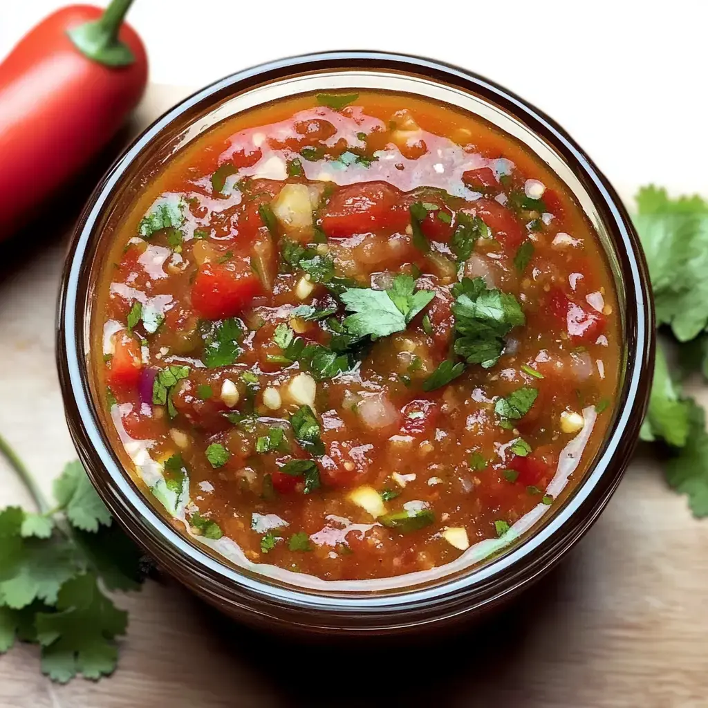Ein Glas mit leuchtender Salsa, garniert mit frischem Koriander, begleitet von einer roten Chilischote und Korianderblättern.