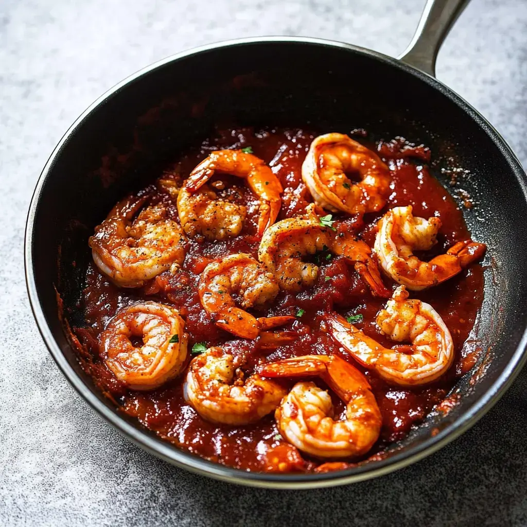 Eine Pfanne mit Garnelen in einer würzigen Tomatensauce, garniert mit Kräutern.