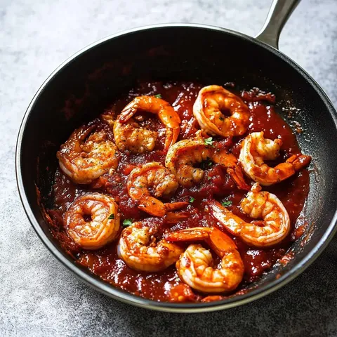 Eine Pfanne mit Garnelen in einer würzigen Tomatensauce, garniert mit Kräutern.