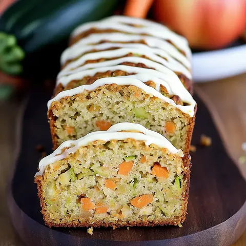 Ein frisch gebackenes Zucchini-Karottenbrot mit weißer Glasur, angeschnitten, um das bunte Innere zu zeigen.