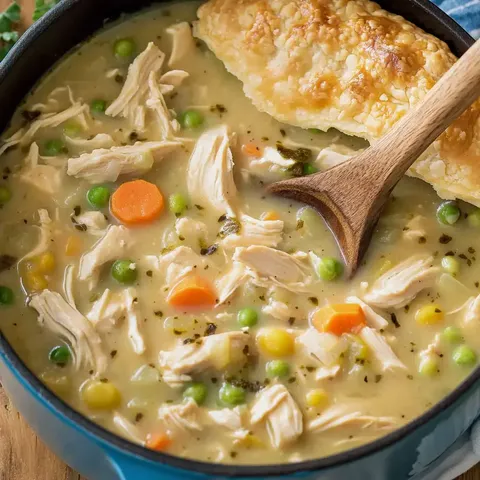 Eine Nahaufnahme von cremiger Hühnchen-Gemüse-Suppe in einem dunklen Topf, garniert mit Hühnchenstücken, grünen Erbsen und Karotten, daneben ein goldbraunes Gebäck.