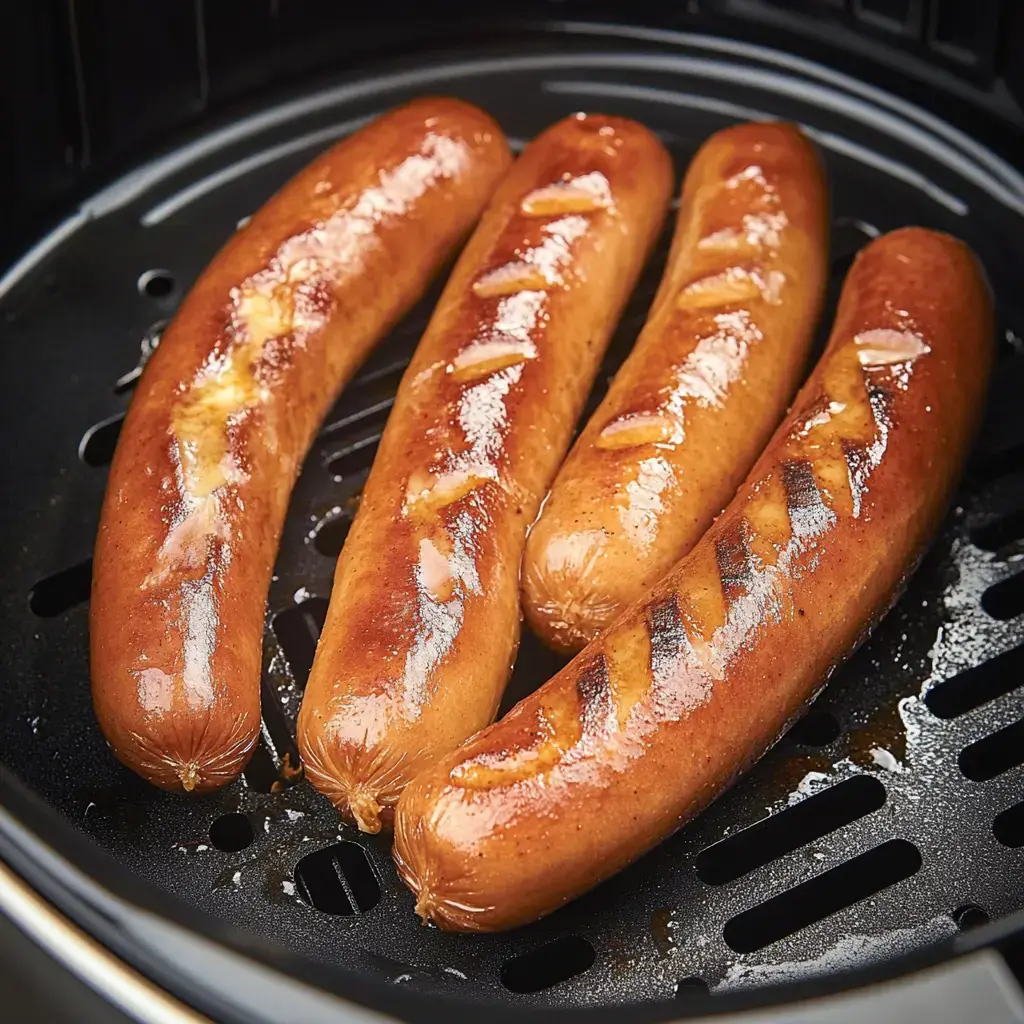 Vier gegrillte Würstchen liegen in einem Luftfritteusen-Korb.