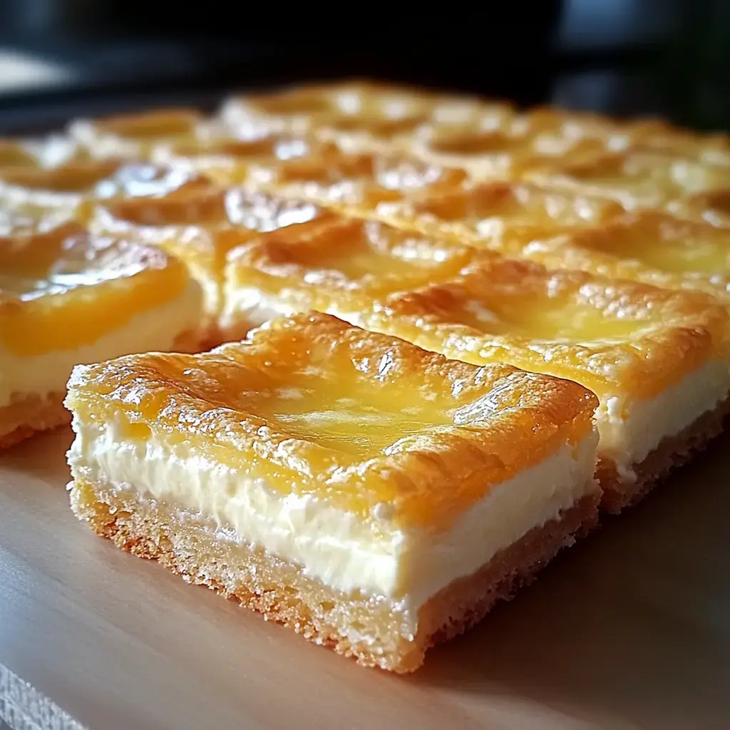 Nahaufnahme einer goldenen, cremigen Käsekuchen-Schnitte mit glänzender Oberfläche, auf einer Holzfläche serviert. Schichten aus Boden, Füllung und Glasur sichtbar.