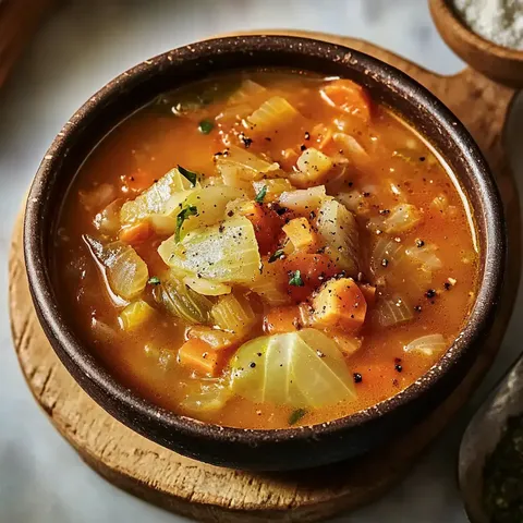 Eine Schüssel Gemüsesuppe mit Stückchen von Karotten, Sellerie und Kräutern auf einer Holzoberfläche.