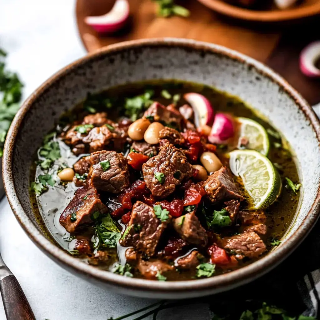 Ein Schüssel voll aromatischem Fleischtopf mit Bohnen, Tomaten, garniert mit Koriander und Limetten.