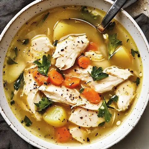 Eine Schüssel herzhafter Hühnersuppe mit zerkleinertem Huhn, gewürfelten Karotten, Kartoffeln und frischer Petersilie in einer würzigen Brühe.