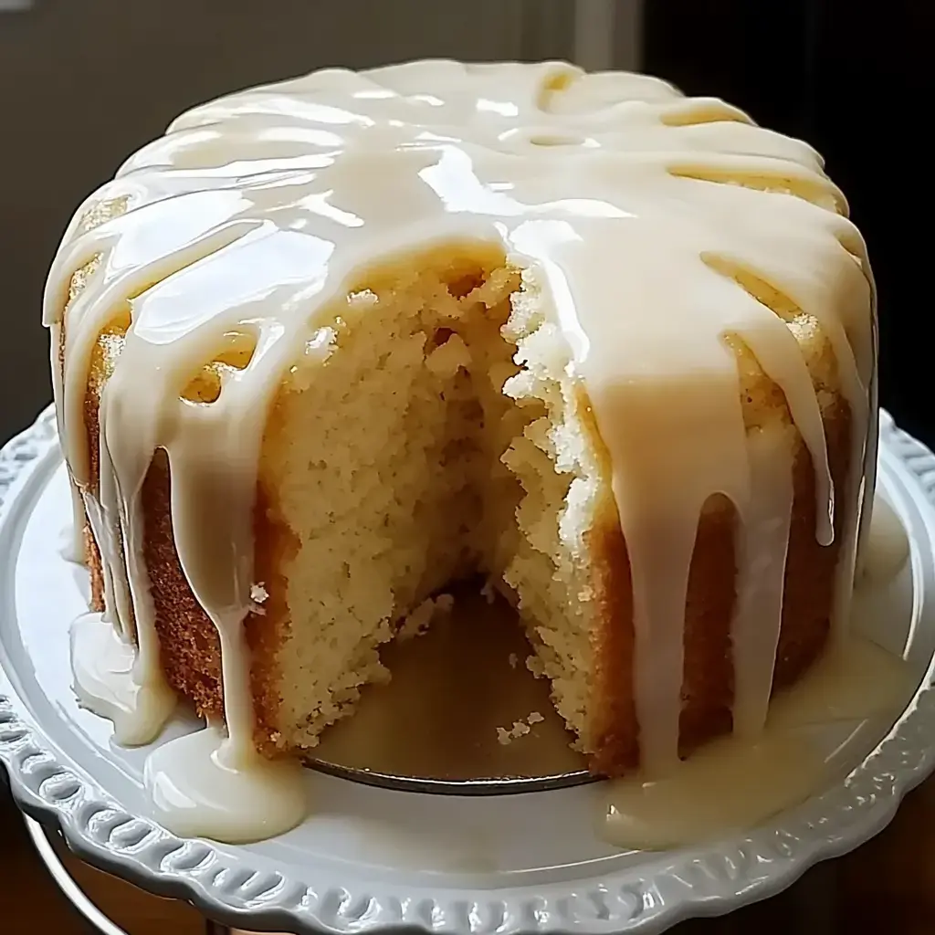 Ein fluffiger Vanillekuchen mit cremiger Glasur. Eine Scheibe wurde herausgeschnitten und zeigt den weichen Kern.