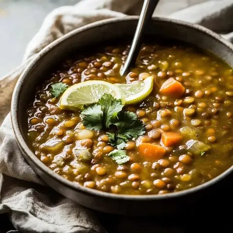 Eine Schüssel Linsensuppe garniert mit Zitronenscheiben und frischem Koriander.