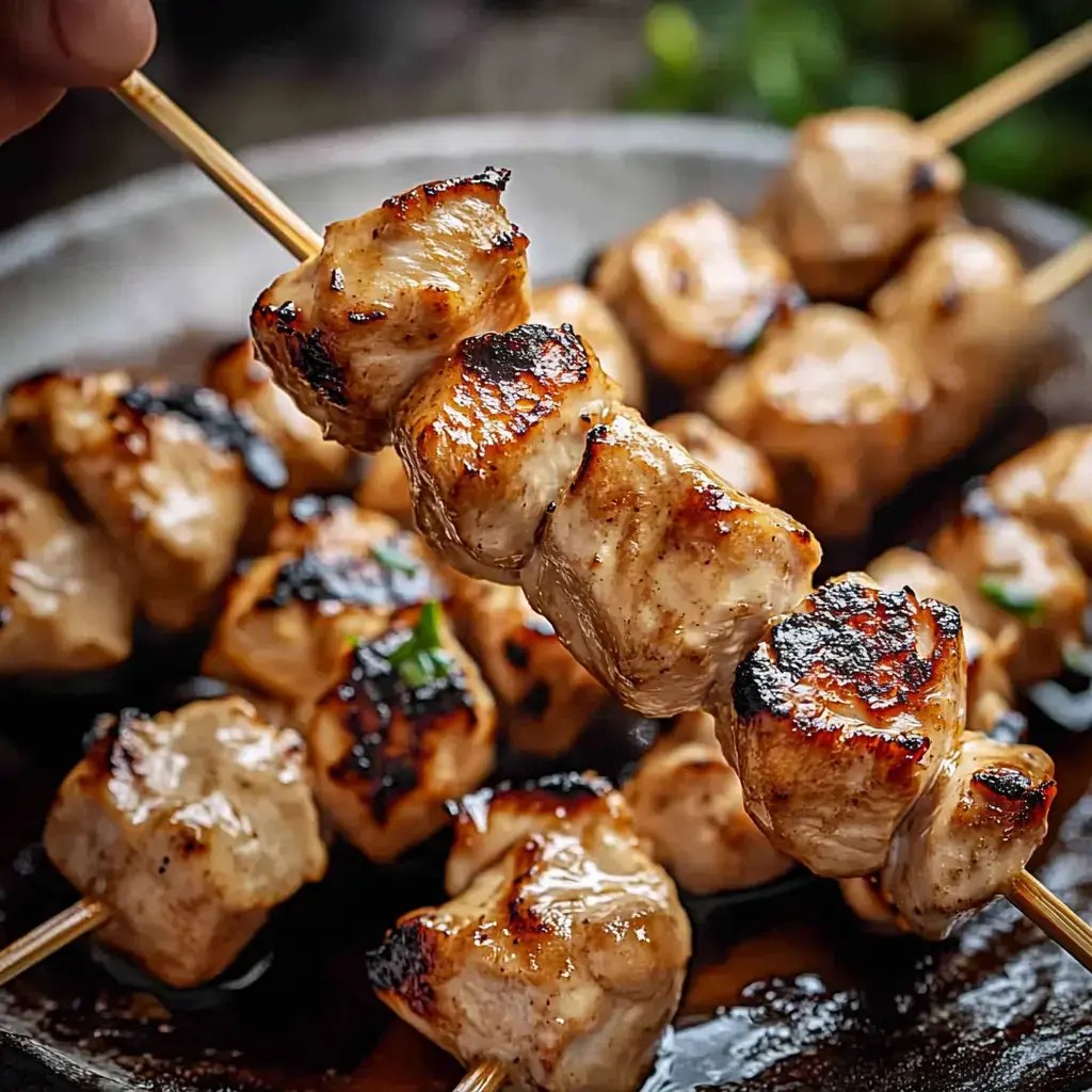 Ein Nahaufnahmefoto von gegrillten Hähnchenspießen, wobei ein Spieß über einem Teller voller weiterer Spieße gehalten wird.