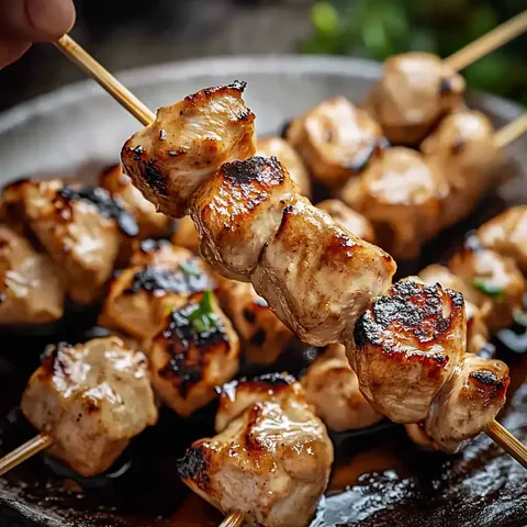 Ein Nahaufnahmefoto von gegrillten Hähnchenspießen, wobei ein Spieß über einem Teller voller weiterer Spieße gehalten wird.