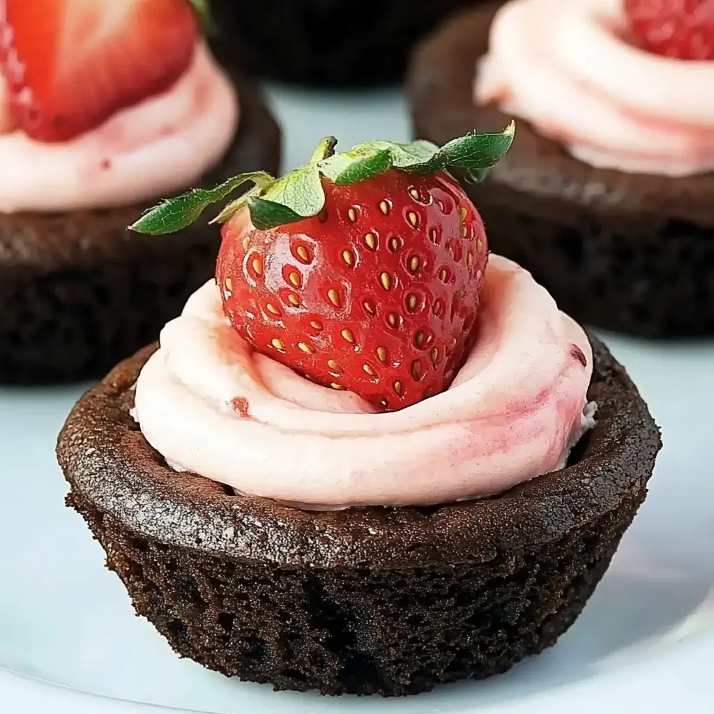 Ein Schokoladenkeks mit rosa Creme und einer frischen Erdbeere oben drauf, Nahaufnahme.