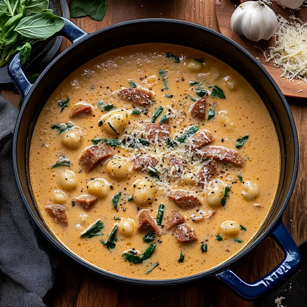 Eine cremige Gnocchi-Suppe mit Wurst und Spinat, serviert in einem dunkelblauen Topf und mit geriebenem Käse garniert.