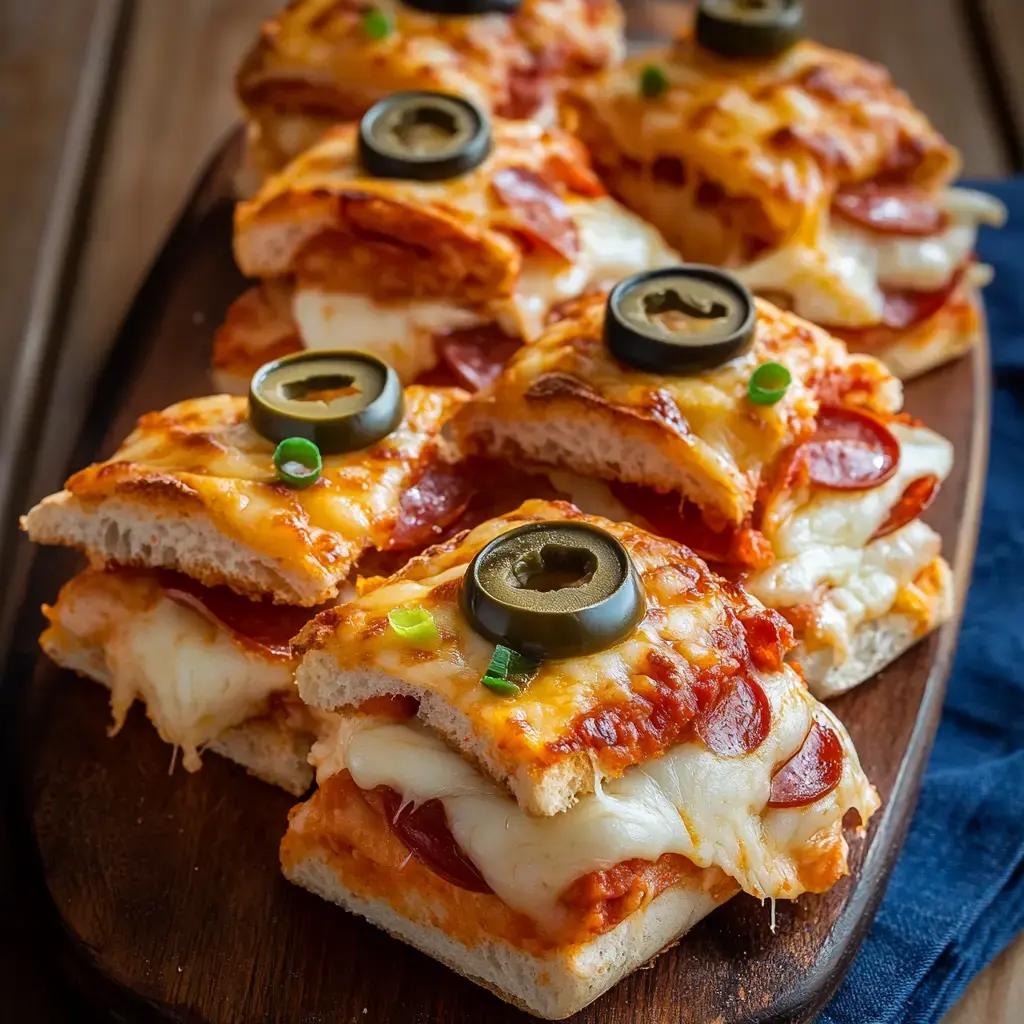 Auf einem hölzernen Tablett liegen Stücke einer Käse-Pizza mit Peperoni, schwarzen Oliven und Frühlingszwiebeln.