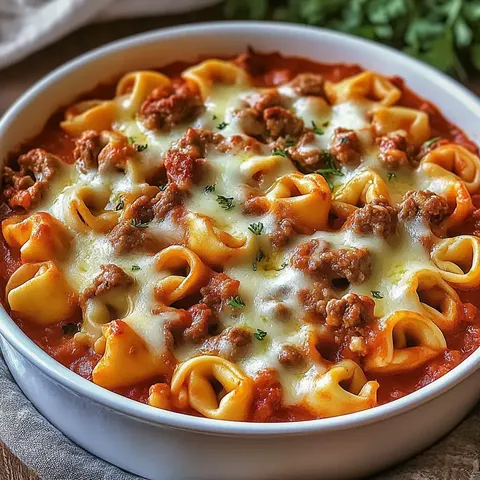 Ein Ofengericht mit Nudeln, Hackfleisch, geschmolzenem Käse und Kräutern in Tomatensoße.
